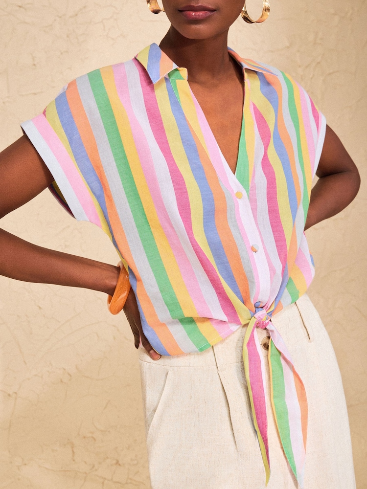 Love & Roses Multi Stripe Tie Front Roll Sleeve Shirt - Image 2 of 4