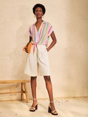 Love & Roses Multi Stripe Tie Front Roll Sleeve Shirt - Image 3 of 4