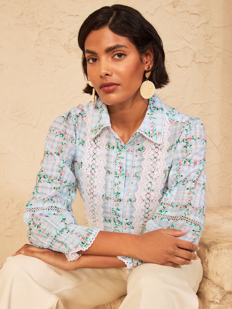 Love & Roses Blue Floral Gingham 3/4 Sleeve Lace Trim Button Through Shirt - Image 1 of 5