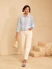 Love & Roses Blue Floral Gingham 3/4 Sleeve Lace Trim Button Through Shirt - Image 3 of 5