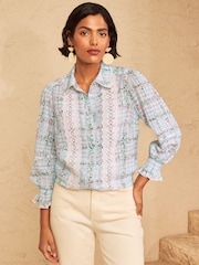 Love & Roses Blue Floral Gingham 3/4 Sleeve Lace Trim Button Through Shirt - Image 4 of 5