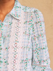 Love & Roses Blue Floral Gingham 3/4 Sleeve Lace Trim Button Through Shirt - Image 5 of 5