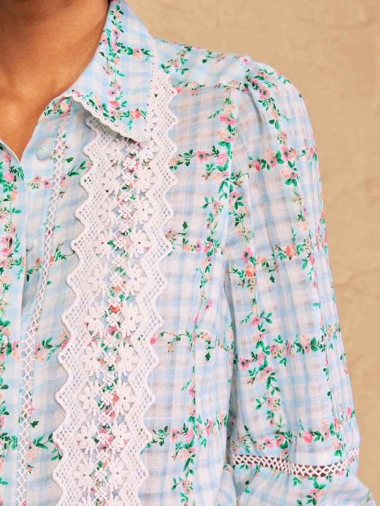 Love & Roses Blue Floral Gingham 3/4 Sleeve Lace Trim Button Through Shirt - Image 5 of 5