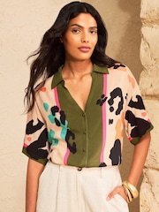 Love & Roses Khaki Green Animal Print 3/4 Sleeve Button Down Shirt - Image 1 of 4