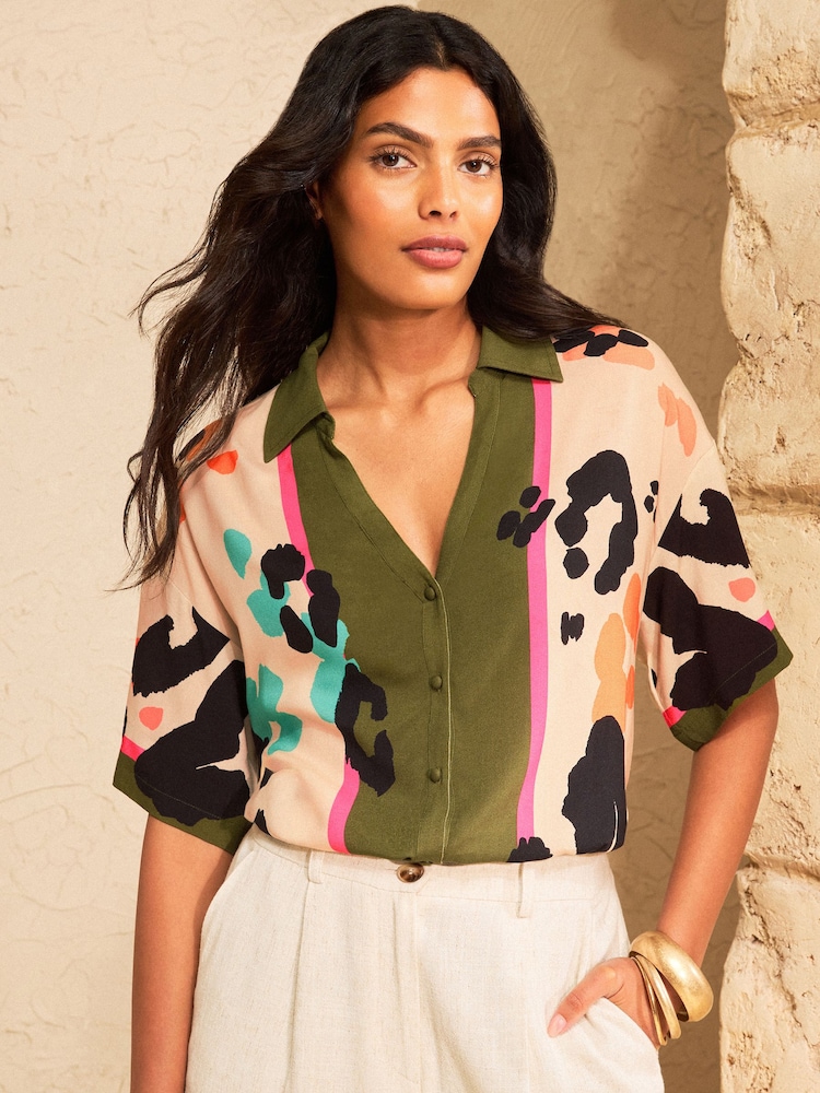 Love & Roses Khaki Green Animal Print 3/4 Sleeve Button Down Shirt - Image 1 of 4