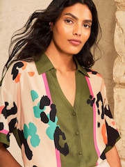 Love & Roses Khaki Green Animal Print 3/4 Sleeve Button Down Shirt - Image 2 of 4