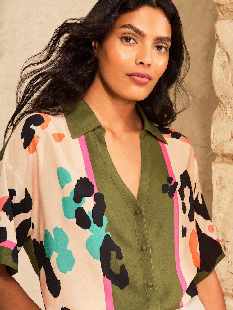 Love & Roses Khaki Green Animal Print 3/4 Sleeve Button Down Shirt - Image 2 of 4