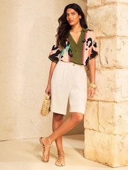 Love & Roses Khaki Green Animal Print 3/4 Sleeve Button Down Shirt - Image 3 of 4