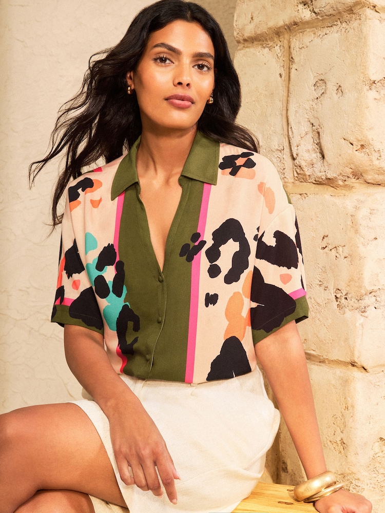 Love & Roses Khaki Green Animal Print 3/4 Sleeve Button Down Shirt - Image 4 of 4