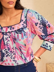 Love & Roses Animal Print Dobby Square Neck Puff Sleeve Blouse - Image 3 of 4