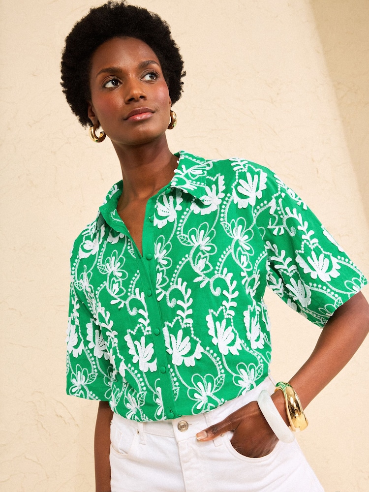 Love & Roses Bright Green Petite 3D Embroidery Button Down Short Sleeve Shirt - Image 4 of 4 Love & Roses Bright Green Petite 3D Embroidery Button Down Short Sleeve Shirt - Image 4 of 4