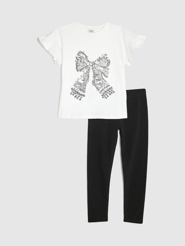 River Island White Bow Frill Top & Leggings Set - Image 1 of 5