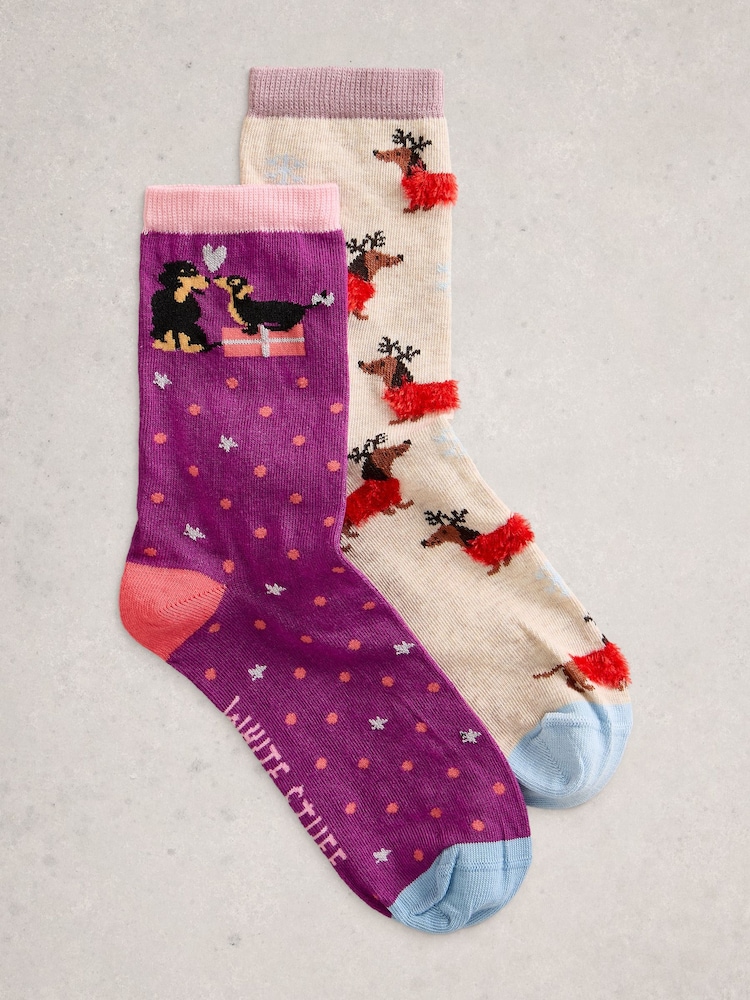 White Stuff Red Christmas Dog Socks 2 Pack - Image 1 of 2