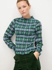 Oliver Bonas Green Checked Shirred Mesh Top - Image 1 of 8