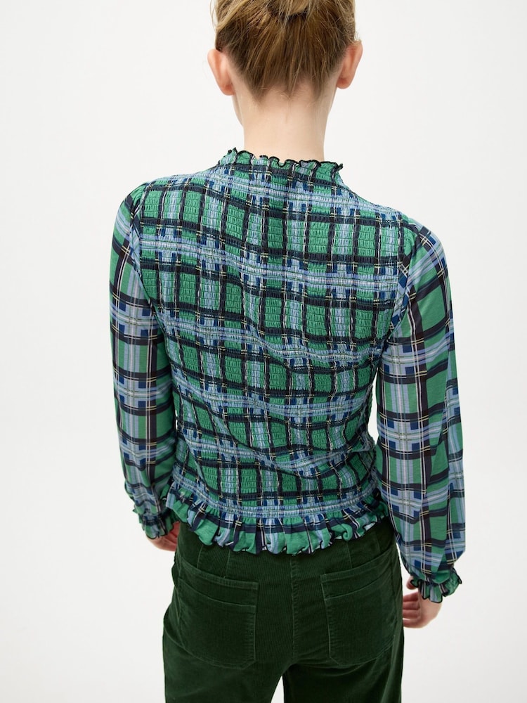 Oliver Bonas Green Checked Shirred Mesh Top - Image 2 of 8 Oliver Bonas Green Checked Shirred Mesh Top - Image 2 of 8