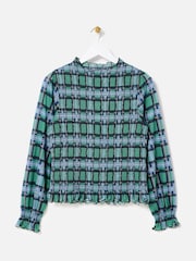 Oliver Bonas Green Checked Shirred Mesh Top - Image 3 of 8