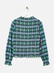 Oliver Bonas Green Checked Shirred Mesh Top - Image 4 of 8