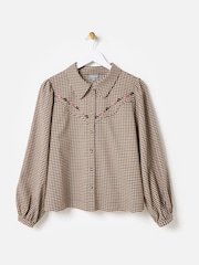 Oliver Bonas Brown Checked Floral Embroidered Shirt - Image 3 of 8