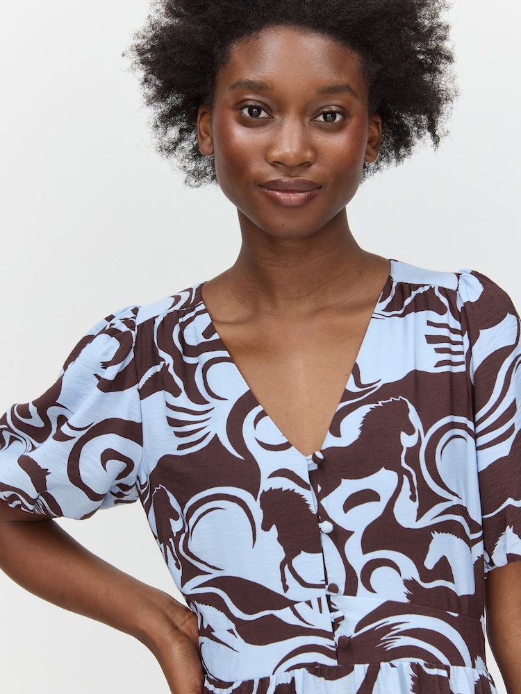 Oliver Bonas Brown Horse Print V-Neck Midi Dress - Image 1 of 7 Oliver Bonas Brown Horse Print V-Neck Midi Dress - Image 1 of 7