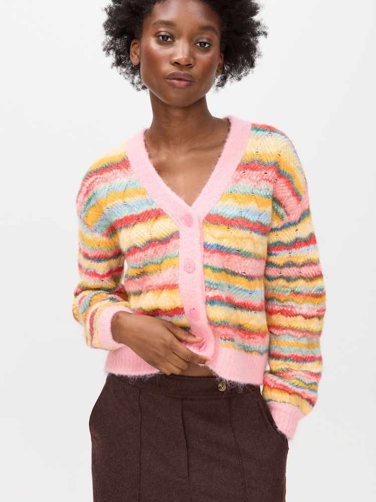Oliver Bonas Orange Striped V-Neck Knitted Cardigan - Image 1 of 7