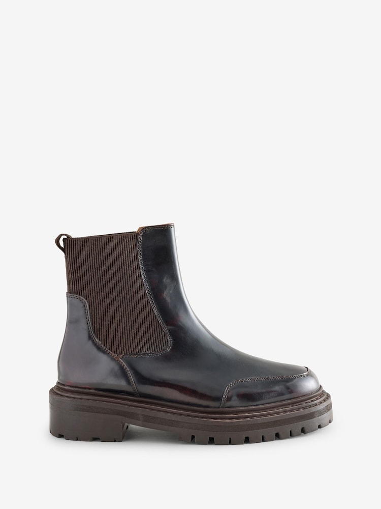 Oliver Bonas Brown Patent Chunky Chelsea Boots - Image 1 of 1 Oliver Bonas Brown Patent Chunky Chelsea Boots - Image 1 of 1