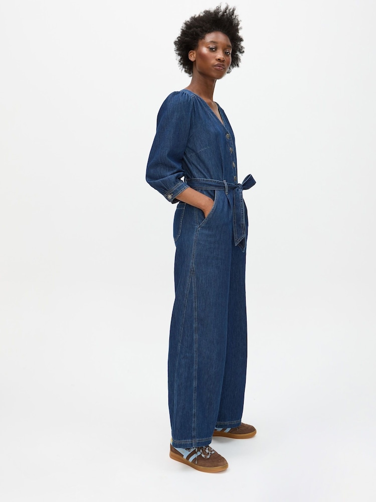Oliver Bonas Blue Denim V-Neck Tie Waist Jumpsuit - Image 1 of 8