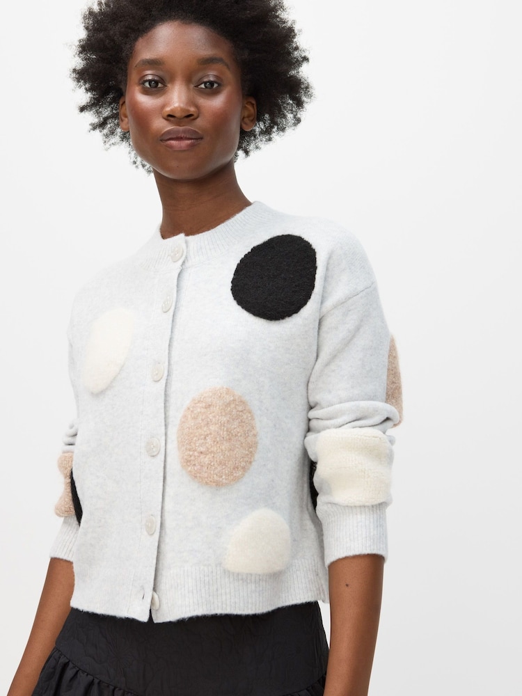 Oliver Bonas Grey Textured Spot Crew Neck Knitted Cardigan - Image 1 of 8 Oliver Bonas Grey Textured Spot Crew Neck Knitted Cardigan - Image 1 of 8
