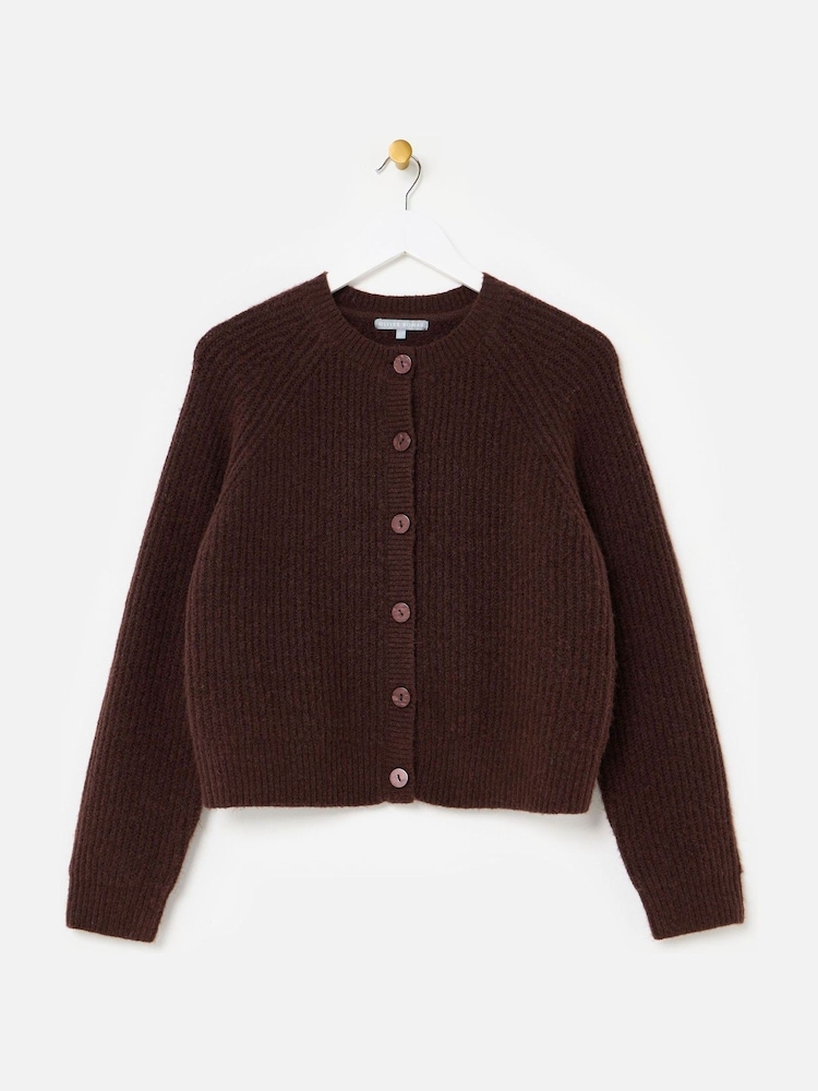 Oliver Bonas Brown Ribbed Crew Neck Knitted Cardigan - Image 1 of 6 Oliver Bonas Brown Ribbed Crew Neck Knitted Cardigan - Image 1 of 6
