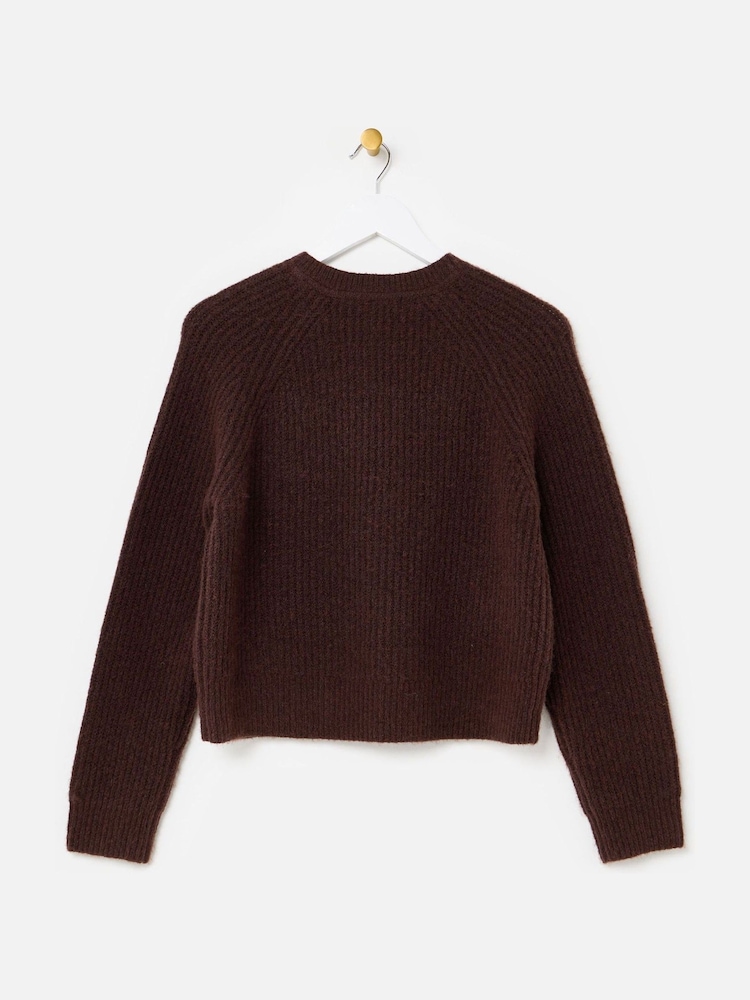 Oliver Bonas Brown Ribbed Crew Neck Knitted Cardigan - Image 2 of 6 Oliver Bonas Brown Ribbed Crew Neck Knitted Cardigan - Image 2 of 6