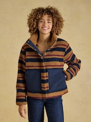 Joules Lottie Tan Brown Stripe Zip Through Borg Fleece - Image 1 of 9