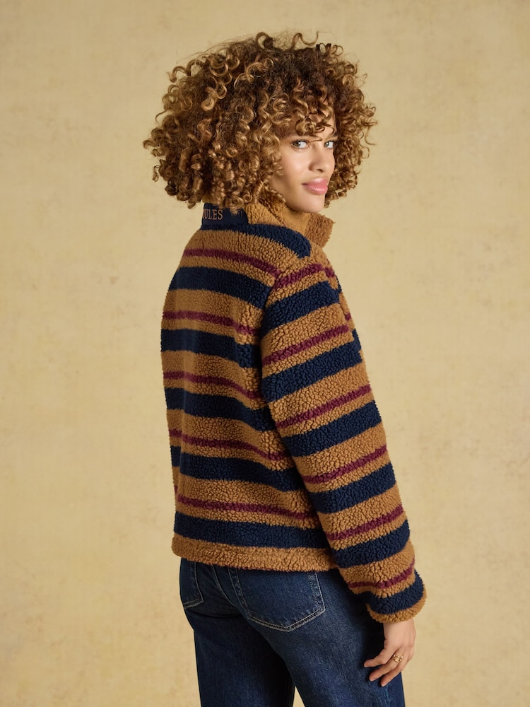 Joules Lottie Tan Brown Stripe Zip Through Borg Fleece - Image 2 of 9 Joules Lottie Tan Brown Stripe Zip Through Borg Fleece - Image 2 of 9