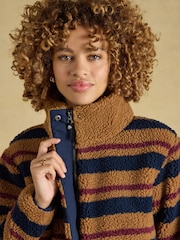 Joules Lottie Tan Brown Stripe Zip Through Borg Fleece - Image 3 of 9
