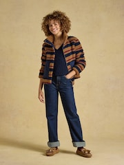 Joules Lottie Tan Brown Stripe Zip Through Borg Fleece - Image 4 of 9