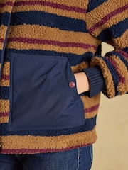 Joules Lottie Tan Brown Stripe Zip Through Borg Fleece - Image 5 of 9
