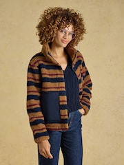 Joules Lottie Tan Brown Stripe Zip Through Borg Fleece - Image 6 of 9