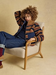 Joules Lottie Tan Brown Stripe Zip Through Borg Fleece - Image 8 of 9