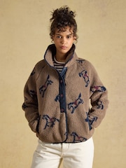 Joules Mink Brown Horse Print Borg Fleece Jacket - Image 1 of 9