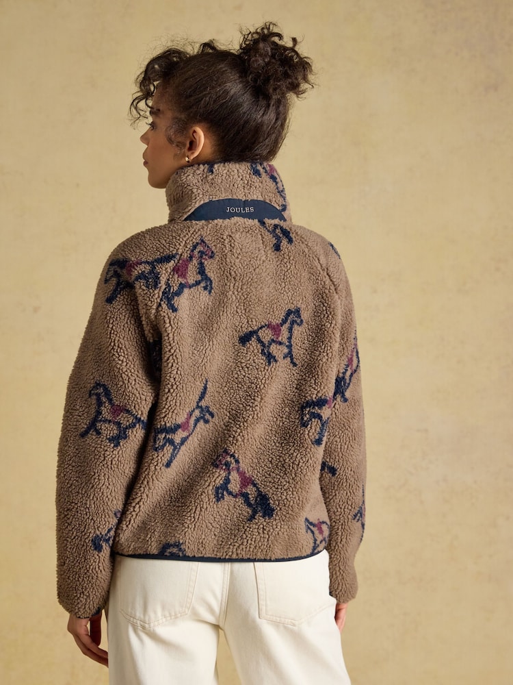 Joules Mink Brown Horse Print Borg Fleece Jacket - Image 2 of 9 Joules Mink Brown Horse Print Borg Fleece Jacket - Image 2 of 9