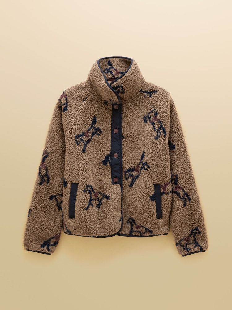 Joules Mink Brown Horse Print Borg Fleece Jacket - Image 9 of 9 Joules Mink Brown Horse Print Borg Fleece Jacket - Image 9 of 9