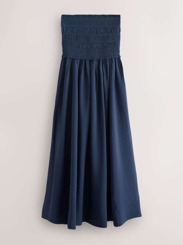 Navy Blue Bandeau Shirred Body Midi Dress - Image 1 of 3