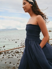 Navy Blue Bandeau Shirred Body Midi Dress - Image 4 of 8