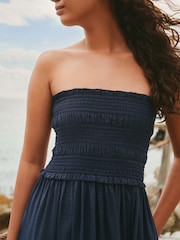 Navy Blue Bandeau Shirred Body Midi Dress - Image 5 of 8