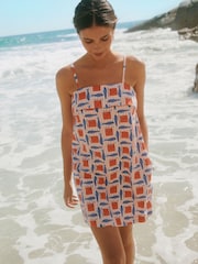 Red Fish Print Strappy Foldover Mini Summer Dress - Image 2 of 8