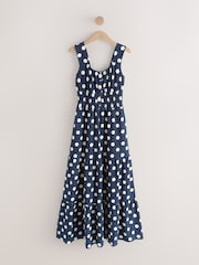 Navy Blue Polka Dot Sleeveless Textured Jersey Midi Summer Dress - Image 1 of 3
