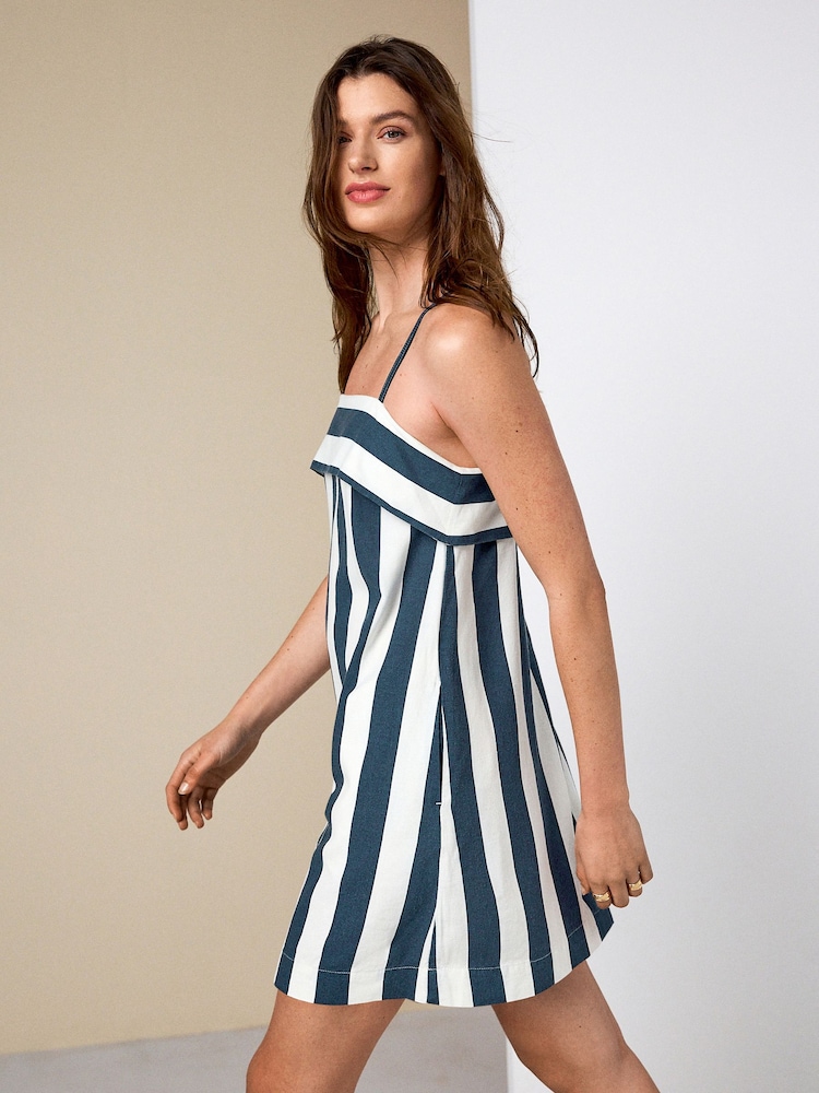 Navy Blue/White Stripe Strappy Foldover Mini Summer Dress - Image 2 of 7