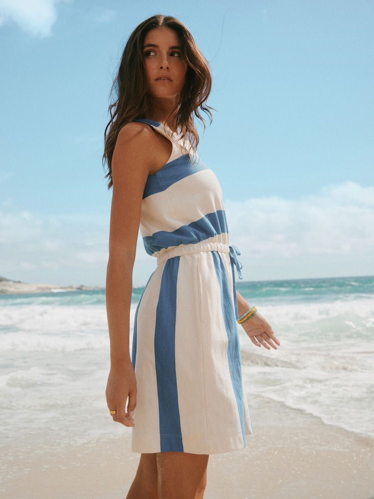 Blue/White Stripe Sleeveless Tie Waist Cotton Playsuit - Image 1 of 9