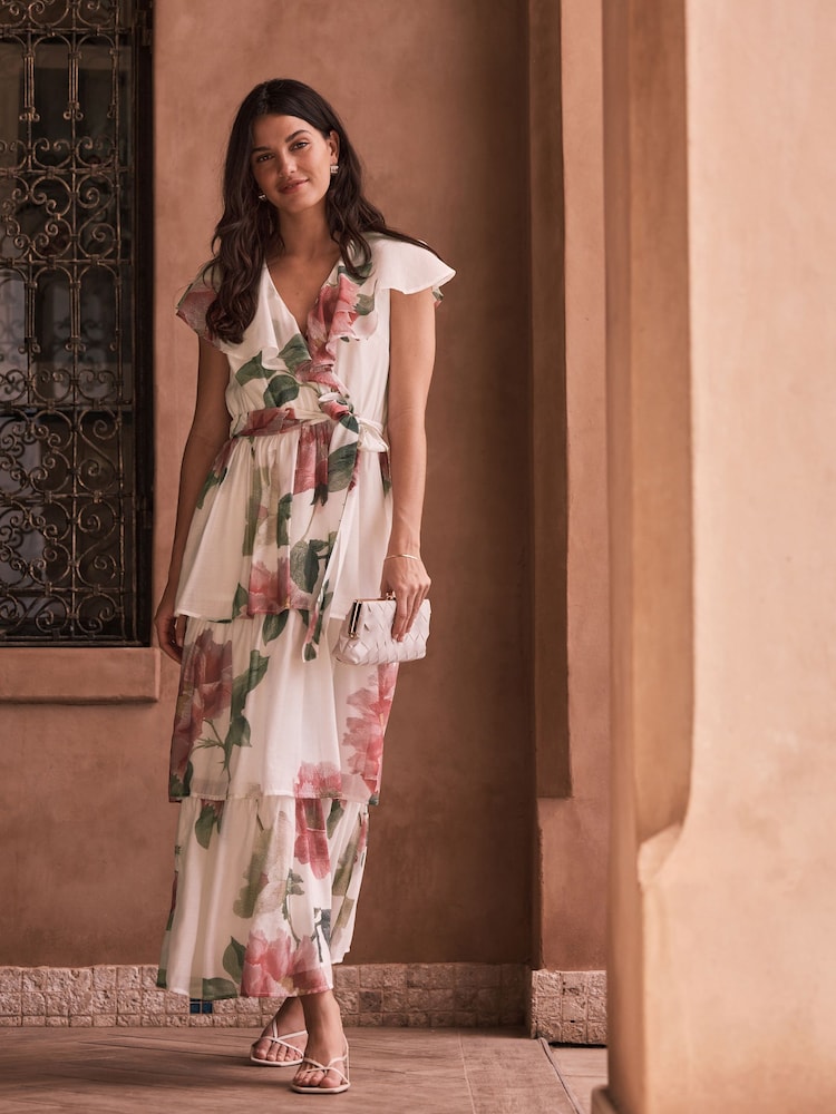 Ecru Floral Print Occasion Ruffle V-Neck Midi Dress - Image 1 of 7