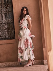 Ecru Floral Print Occasion Ruffle V-Neck Midi Dress - Image 2 of 7