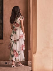 Ecru Floral Print Occasion Ruffle V-Neck Midi Dress - Image 3 of 7