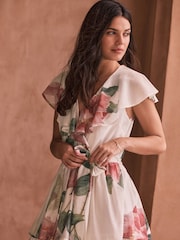 Ecru Floral Print Occasion Ruffle V-Neck Midi Dress - Image 4 of 7